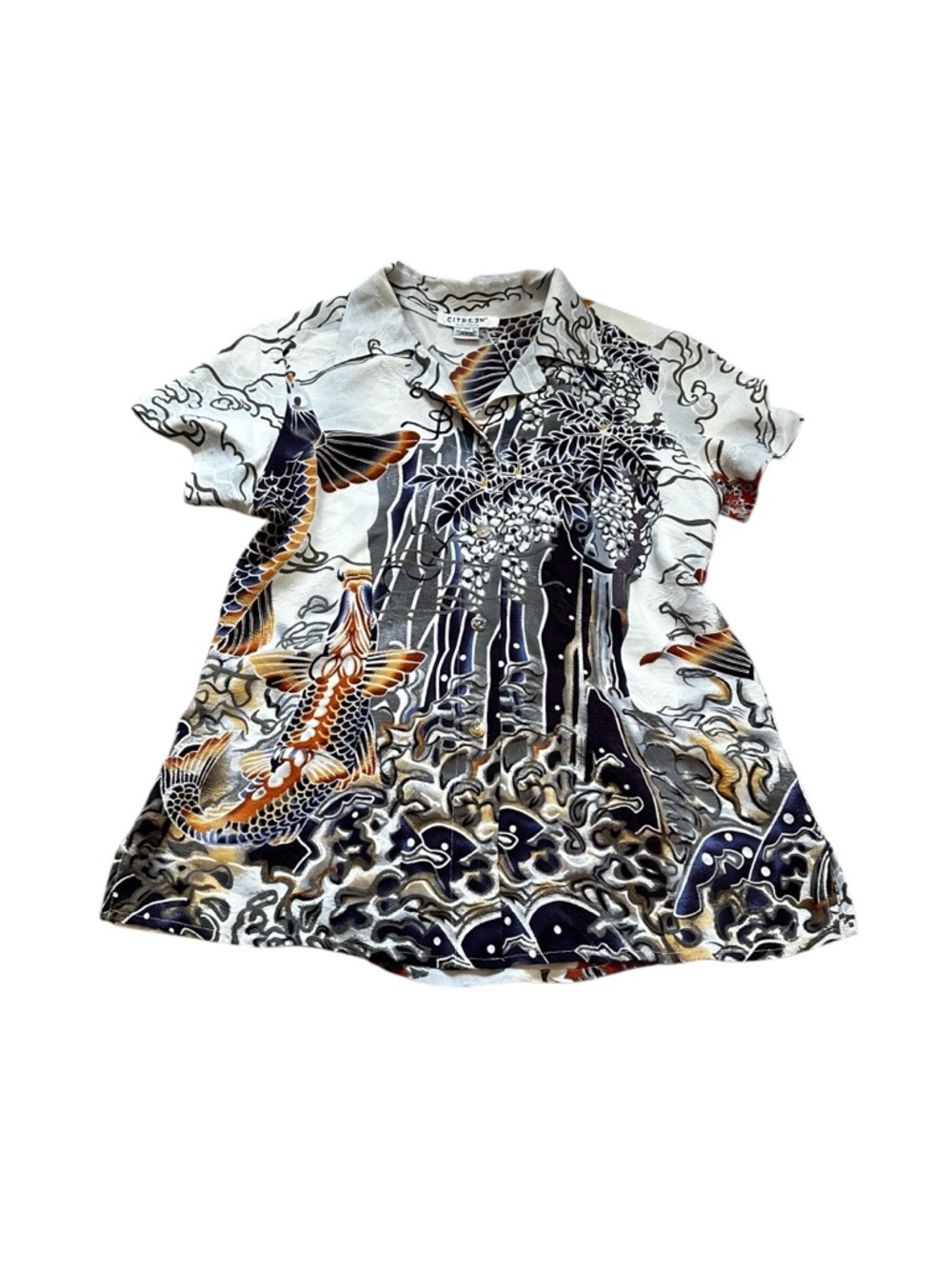 Citron Santa Monica Silk Top Short Sleeve Asian Oriental Koi Fish Maximalist